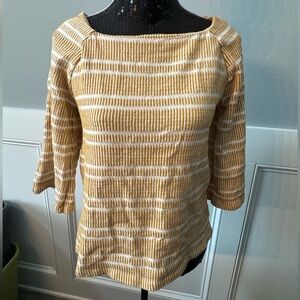 Mustard Yellow and White Striped 3/4 length women’s shirt. Anthropologie A
